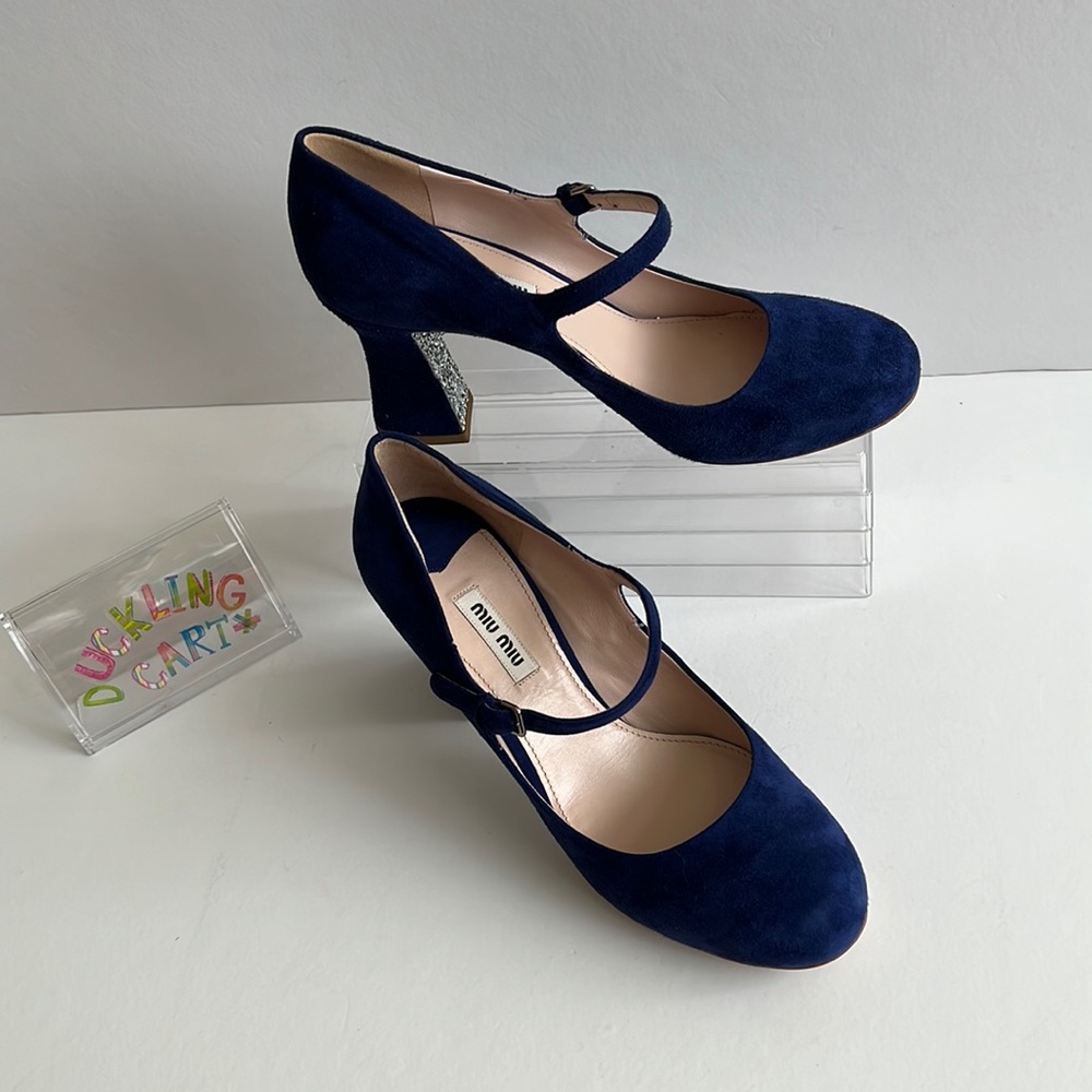 NEW👠  miu miu Royal Blue Suede Mary Jane w/ Glitter Heel SZ-37.5